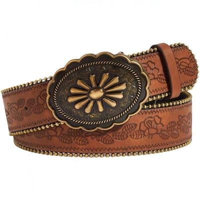 Dailygoods - Country Western stijl PU lederen riem 1,03 m x 3,8 cm ovaal legering gesp retro bruine bloem verstelbare vintage cowboy cowgirl riem met reliëf voor mannen vrouwen