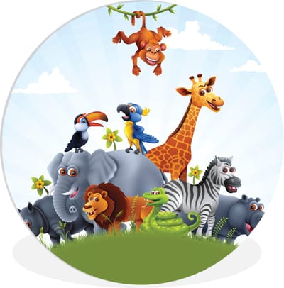 WallCircle® Wandcirkel 60x60 cm - Muurcirkel Jungle - Illustratie - Wilde dieren - Jongens - Meisjes - Kind - Muurdecoratie woonkamer - Wanddecoratie slaapkamer - Kamer decoratie accessoires - Ronde schilderijen