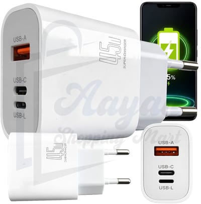 45W Snellader met USB-C, USB-A & Lightning – 3-Poorts Universele Oplader – Fast Charger voor iPhone, Tablet & Accessoires – Wit – Lightning oplader – fast charge adapter – –reis oplader – snellader voor smartphone – 85357