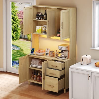 MODENUIT Keukendressoir - Met LED, Stopcontacten En Lades - Voor Keuken En Eetkamer - MDF Naturel - 183 Cm