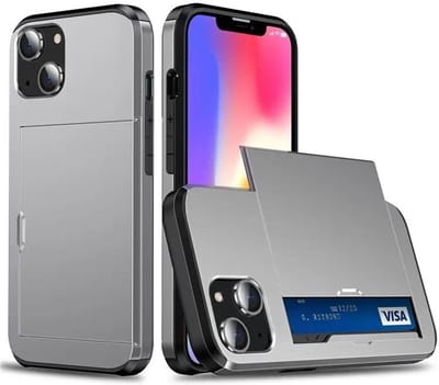 Hoesje met Kaarthouder Slider Geschikt voor Apple iPhone 15 Plus | Back Cover Pasjeshouder Achterkant | Kaarthouder voor Twee Pasjes | Grijs