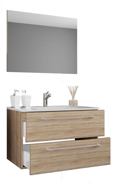 VCM 3-tlg. Waschplatz Waschtisch | Waschbecken Unterschrank Breite 80 cm | Badmöbel Set hängend mit einer Schublade Spiegel | Badinos