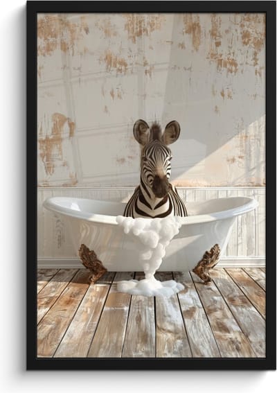 Poster in lijst - Fotolijst 40x60 cm - Posters - Vintage - Zebra - Wilde dieren - Badkuip - Posterlijst zwart - Wanddecoratie badkamer - Muurdecoratie WC - Decoratieve accessoires - Toilet muur decoratie