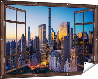 Gards Tuinposter Doorkijk New York bij Zonsopgang - 150x100 cm - Tuindoek - Tuindecoratie - Wanddecoratie buiten - Tuinschilderij