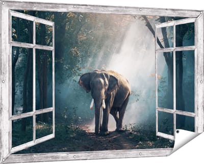 Gards Tuinposter Doorkijk Olifant in het Bos met Zonneschijn - 150x100 cm - Tuindoek - Tuindecoratie - Wanddecoratie buiten - Tuinschilderij