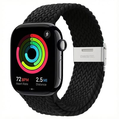 Zwart nylon horlogebandje geschikt voor Apple Watch dames en heren 38 mm / 40 mm / 41 mm / 42 mm (serie 10 / 11) , elastisch smartwatch bandje zonder gesp, gevlochten stretch vervangend horloge bandje