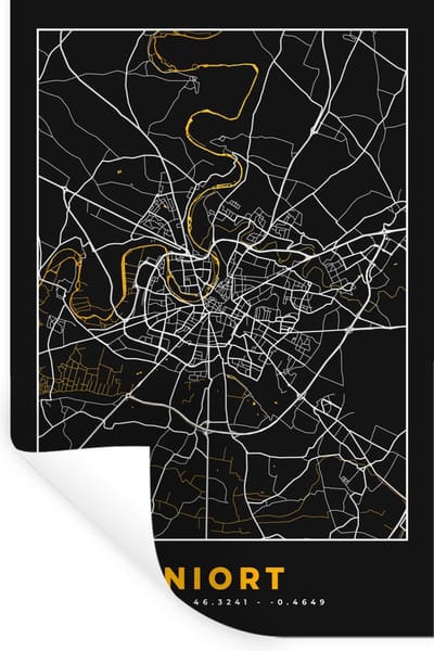 Muurstickers - Sticker Folie - Plattegrond – Niort – Stadskaart – Kaart – Frankrijk - 20x30 cm - Plakfolie - Muurstickers Kinderkamer - Zelfklevend Behang - Zelfklevend behangpapier - Stickerfolie