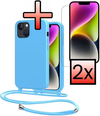 Hoes Geschikt voor iPhone 13 Mini Met Telefoonkoord Met 2x Screenprotector - Siliconen Hoesje Backcover Met Ketting - Lichtblauw