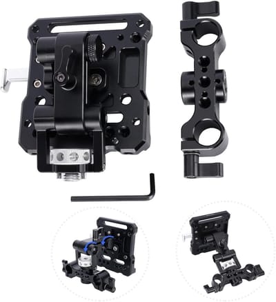V Mount Battery Plate met 15mm Dual Rod Clamp, Verstelbare Arm en 1/4" - 20 Schroefgaten voor 15mm Stangen, Geschikt voor V Batterijen en Camera Accessoires