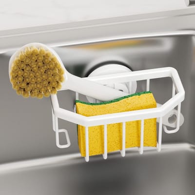 Dailygoods - TAILI Sponshouder voor gootsteen met krachtige zuignap, afneembare gootsteenorganizer, sponshouder keuken, geschikt voor het opbergen van sponzen, borstels en gootsteenstop, wit
