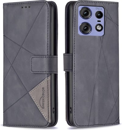 BINFEN Hoesje - Geschikt voor Motorola Edge 50 Pro Hoesje - BINFEN Geometric Book Case - Zwart