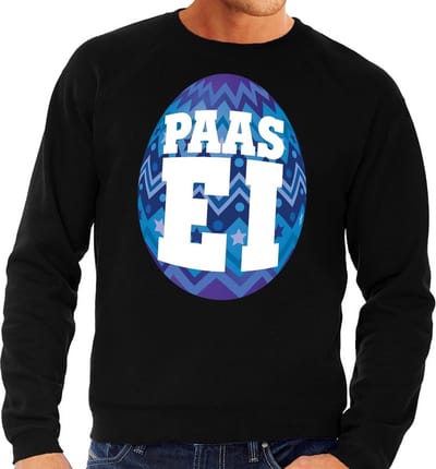 Zwarte Paas sweater met blauw paasei - Pasen trui voor heren - Pasen kleding S