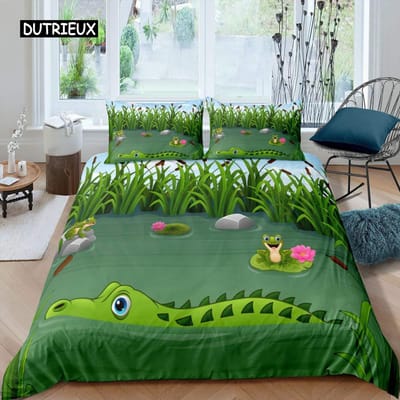 Krokodil Dekbedovertrek Set Wild Alligator Patroon Beddengoed Set Wildlife Stijl Dekbedovertrek Horror Dieren Thema Eenpersoons Dekbedovertrek US Twin(172x218cm)