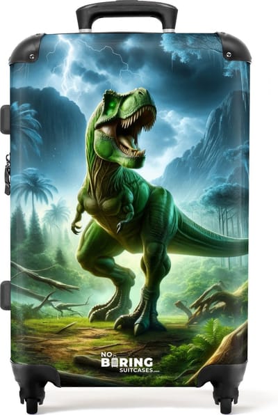 NoBoringSuitcases.com® - Kinderkoffer jongen - Groene dino - Kindertrolley jongens - Koffer kind groot - Rolkoffer lichtgewicht - Reiskoffer met 4 wielen - Kinder valies - Grote trolley XL - 20 kg bagage