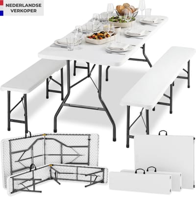 tectake® Campingtafel Set - Tuintafel met 2 Banken - 180 cm - Picknicktafel - Campingmeubel set - Opklapbaar - Compact op te bergen - Ook te gebruiken als Biertafel of Buffettafel - Wit
