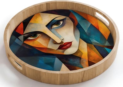 Dienblad rond 40x40 cm - Schootdienblad hout - Portret - Abstract - Vormen - Borrelplank rechthoek - Plateau houten dienbladen