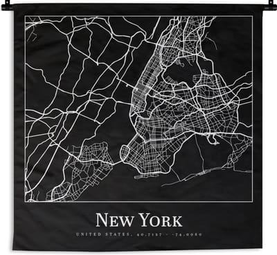 Wandkleed - Wanddoek - Kaart - New York - Stadskaart - Plattegrond - 180x180 cm - Wandtapijt
