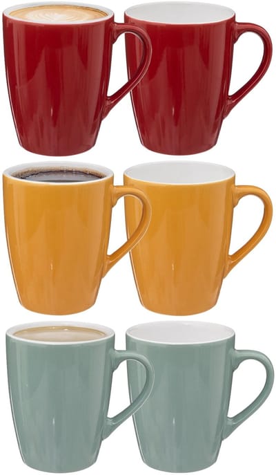 5Five Koffiemokken Colorama - 6x stuks - Keramiek - in de kleuren geel - mintgroen - rood - 380 ml - 9 x 11 cm - Bekers