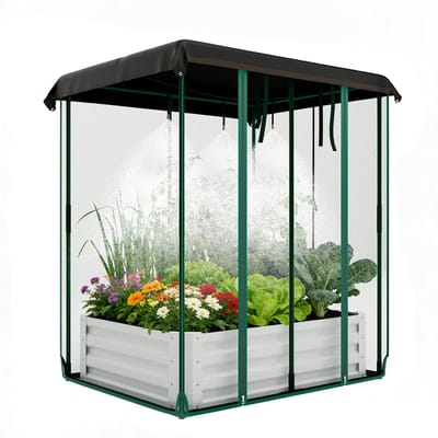 Plantenbak - 120 x 90 x 150 cm - Verhoogd Kweekbak - Staal - Insectennet en Bewateringssysteem - Voor Groenten Kruiden Bloemen - Tuin Terras - Beige