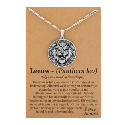 Leeuw Ketting op Cadeau Kaartje Zilverkleurig - Dier Talisman - Roestvrij Staal / Stainless Steel - 60cm - Pax Amare