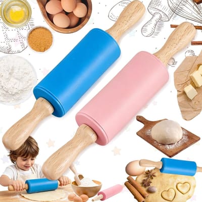 Siliconen deegroller set van 2, met houten handvatten, anti-aanbaklaag voor het bakken van taarten, pizza's en koekjes