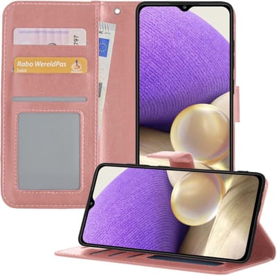 Hoesje - Met Pasjeshouder - Geschikt voor Samsung Galaxy A32 5G - Luxe Bookcase Portemonee - Flip Case - Kunstleer Book Case - Flipcase - Book Cover - Walletcase - Portemonneehoes - Telefoonhoesjes - Rosé goud