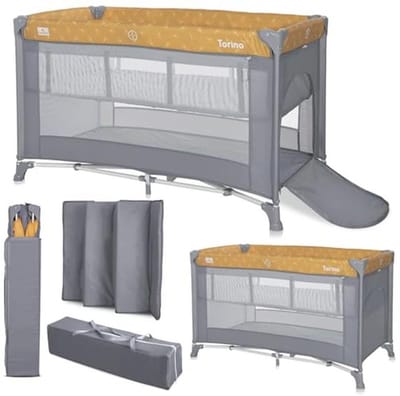 2 in 1 babybed en box Torino - Opvouwbaar reisbed met zijingang en pasgeborenen inzetstuk - Geschikt voor kinderen tot 15 kg, geel