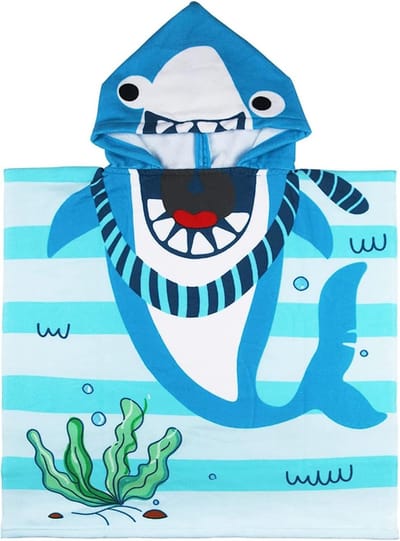 Schattige Cartoon Badponcho voor Kinderen, Zachte en Sterke Absorberende Handdoek voor Jongens en Meisjes (Blauwe Gestreepte Haai)