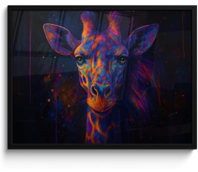 Poster in lijst - Fotolijst 70x50 cm - Posters - Giraffe - Gekleurd - Verfspatten - Posterlijst zwart - Decoratie - Wanddecoratie woonkamer - Muurdecoratie slaapkamer