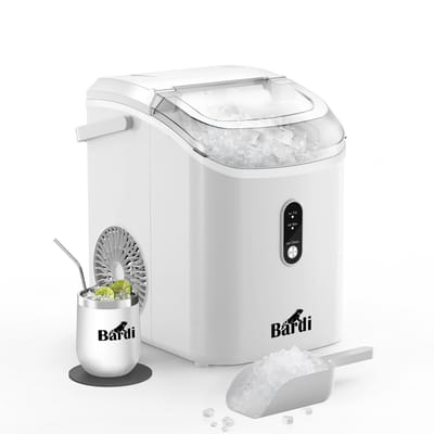 Bardi 1.1L - Nugget IJsblokjesmachine Rond - Crushed Ice Maker met IJsschep - 15kg/24 uur - Ijsblokjesmaker - Met Lux Thermosbeker - WIT