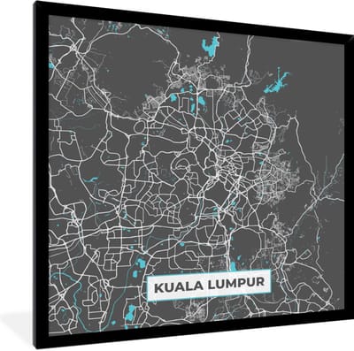 Fotolijst incl. Poster - Kuala Lumpur - Stadskaart - Plattegrond - Blauw - Kaart - 40x40 cm - Posterlijst