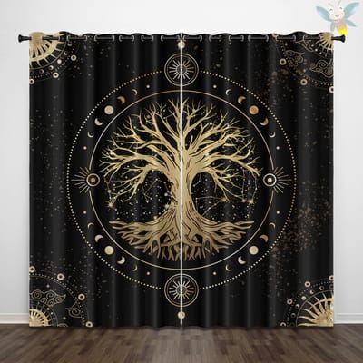 2 stuks gordijnen met print van het Levensboom-patroon, versierd in zwarte gotische stijl voor slaapkamer en woonkamer 140x160cm&Grommet Top black