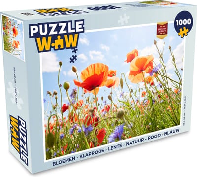 Puzzel Bloemen - Klaproos - Lente - Natuur - Rood - Blauw - Legpuzzel - Puzzel 1000 stukjes volwassenen