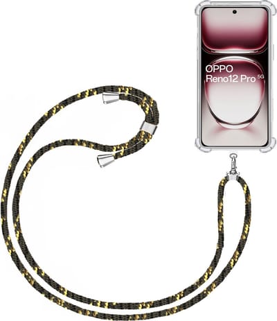 Telefoonkoord + Hoesje Geschikt voor OPPO Reno 12 - Lengte Verstelbaar - Telefoonketting - Shock Proof Case - Zwart Goud