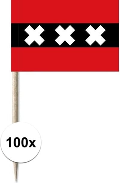100x Cocktailprikkers Amsterdam 8 cm vlaggetje stad decoratie - Houten spiesjes met papieren Ajax vlaggetje - Wegwerp prikkertjes