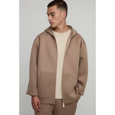 Oversized Bonded Scuba Hoodie met ritssluiting | Taupe | Size XS
