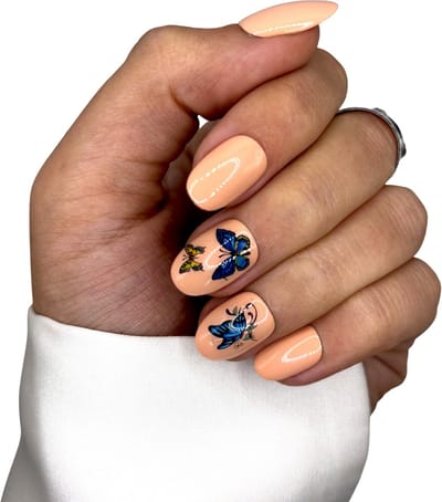 SD Press on Nails - B11- Plaknagels met nagellijm - Korter Ronde Kunstnagels - Nude - Blauwe vlinders - Set 20 Kunstnagels handgemaakt van gellak