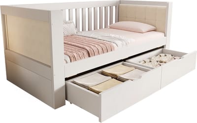 Witte slaapbank van 90x190 cm met 2 lades, hout, met afgeronde armleuningen en comfortabele rugleuning, perfect voor kleine appartementen of studio's, eenvoudig te monteren, matras niet inbegrepen.