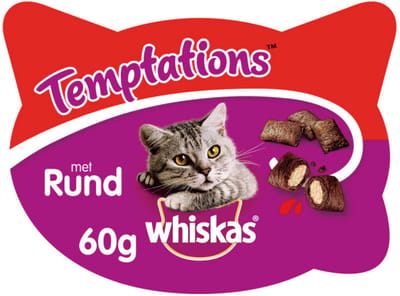 6x Whiskas Temptations Rundsvlees - 6x 60gr - Krokant vanbuiten - Zacht vanbinnen - Nieuwe verpakking