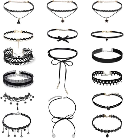 Verstelbare Zwarte Choker Ketting Set van 16 Stuks voor Dames, Gothic Fluwelen Halsbanden voor Halloween en Cosplay Feesten, Stijlvolle Sieradenaccessoires