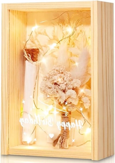 Verjaardagsgeschenkdoos met gedroogde bloemen, geldcadeau en houten herinneringsstuk, inclusief lichtketting en kunststof reageerbuis