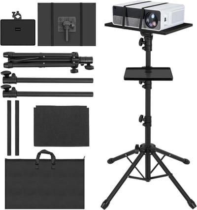 Verstelbaar projectorstatief met 2 planken en 4 poten, ideaal voor presentaties, DJ-apparatuur en iPad, hoogte 65-130 cm, 180 graden rotatie