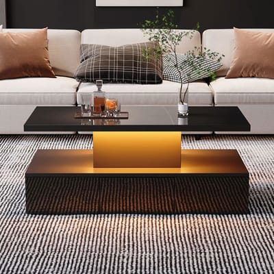 BLACKCOLORS - Salontafel - Zwart - 2-Lags met Open Plank en Schuiflade - 16 Kleuren LED-verlichting - Glanzend Afwerking