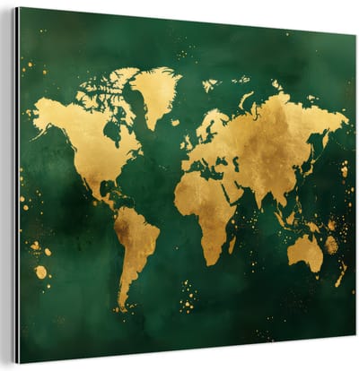 Aluminium schilderij 120x90 cm - Wanddecoratie metaal - Wereldkaart - Groen - Goud - Metalen muurdecoratie woonkamer - Decoratie industrieel - Foto op dibond - Industriële accessoires slaapkamer