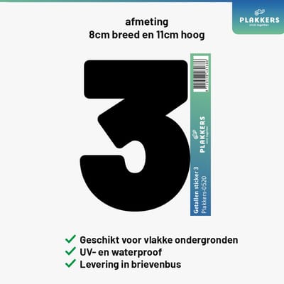 Cijfersticker Nummer 3 Zwart - Brievenbus - Container - Deur