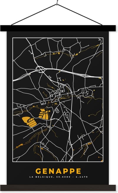 Posterhanger incl. Poster 40x60 cm - Schoolplaat - Genappe - Plattegrond - Goud - Kaart - Stadskaart - Textielposter - Zwarte latten - Stadskaart