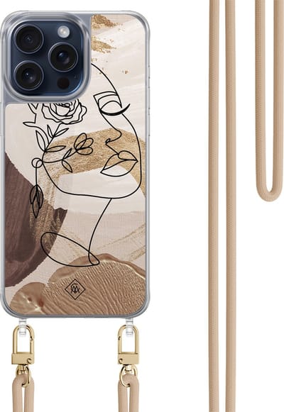 Casimoda® hoesje met beige koord - Geschikt voor iPhone 15 Pro Max - Abstract Gezicht Bruin - Afneembaar koord - TPU/polycarbonaat - Bruin/beige