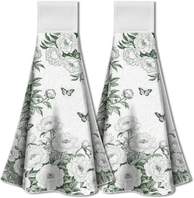 Set van 2 Chinoiserie Groene Keukenhanddoeken met Hanglus, Zachte en Absorberende Theedoeken met Pioenrozen, Perfect voor Boerderijstijl en Huismwarming Cadeau 34.5 x 31.5 cm