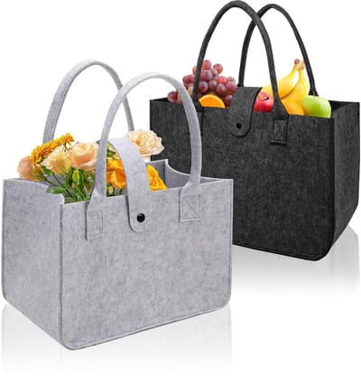 2 stuks vilten tassen, shopper, vilten tas, 30 x 20 x 18 cm, grote vilten mand, opvouwbare vilten tassen, shopper, vilten tassen, boodschappenmand, vilt, zwart, lichtgrijs, met sluiting voor winkelen