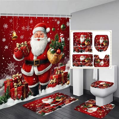 Kerst Douchegordijn en Mat Set Sneeuwpop Kerstman Sneeuwachtig Kerstcadeaus Hangend Gordijn Mat Toiletdeksel Badkamer Decor W150xH180cm